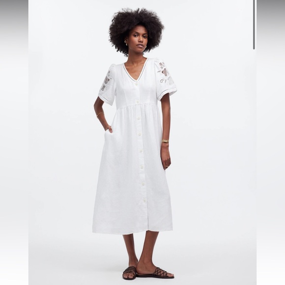 Madewell Cassie Button-Front Midi Dress in Linen XL Eyelet White - Picture 5 of 9